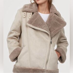 H&M Beige and Light Brown Teddy Aviator Jacket
